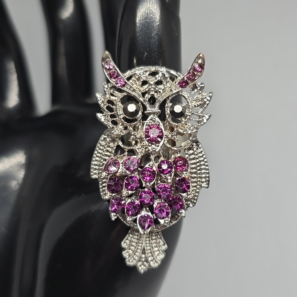Purple silver owl adjustable ring